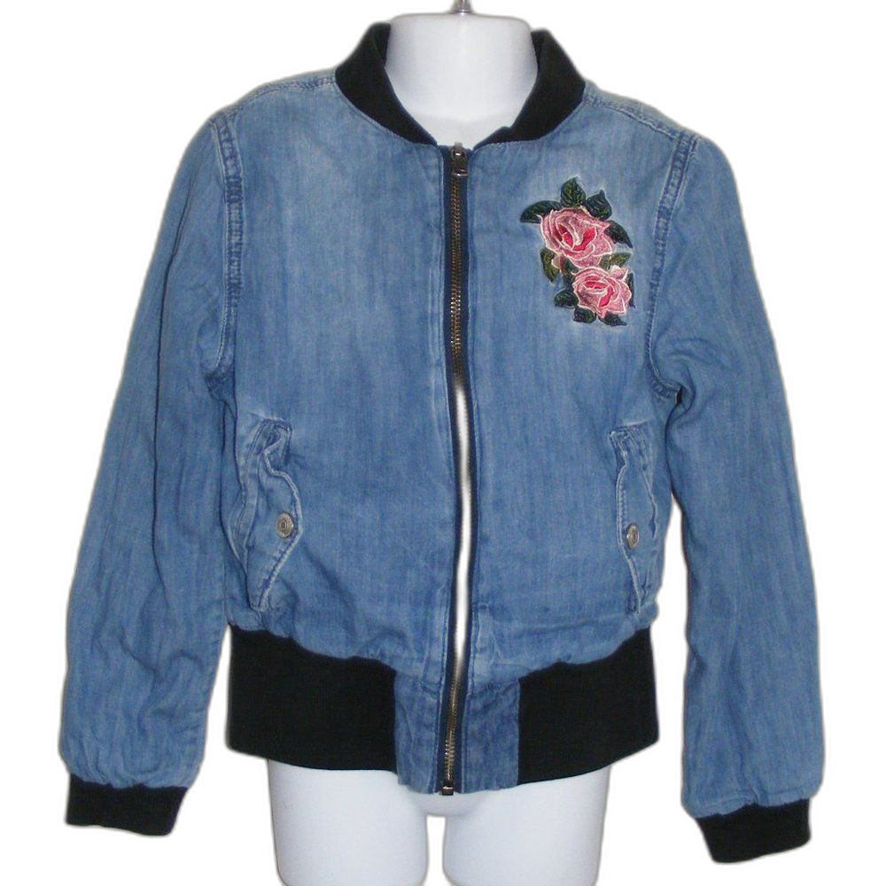 HUDSON Denim Jacket, Girls S, Floral Embroidery, Zipper, Blue, Knit cuffs